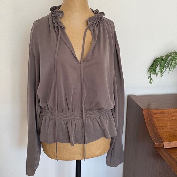 Rebecca Taylor taupe light brown long sleeve ruched vneck blouse tie ruffles EUC - Picture 1 of 11